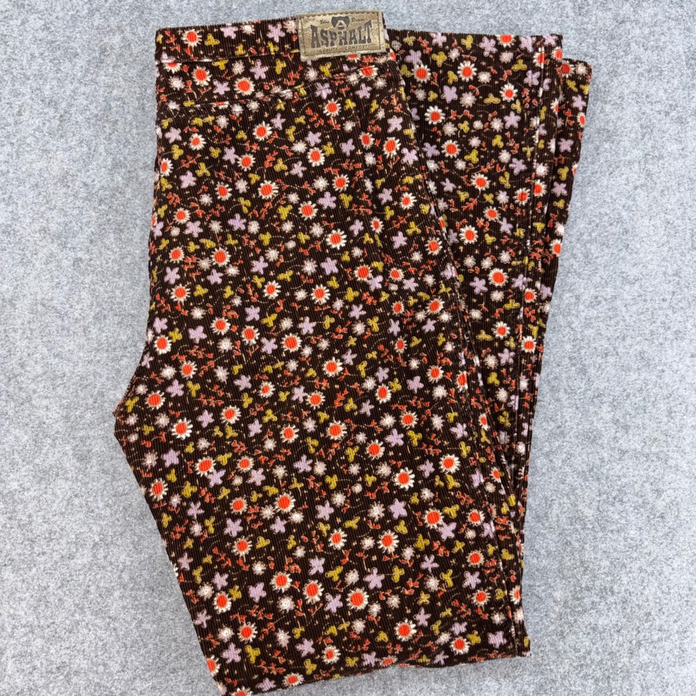 Blue Asphalt Floral Corduroy Pants Brown Multi Color Flare Leg Size 11 Vintage